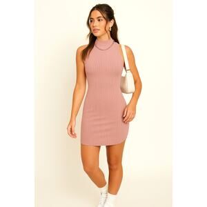 New XS Dusty Pink Stretch Bodycon High Neck Sleeveless Ribbed‎ Dress Curve Knee